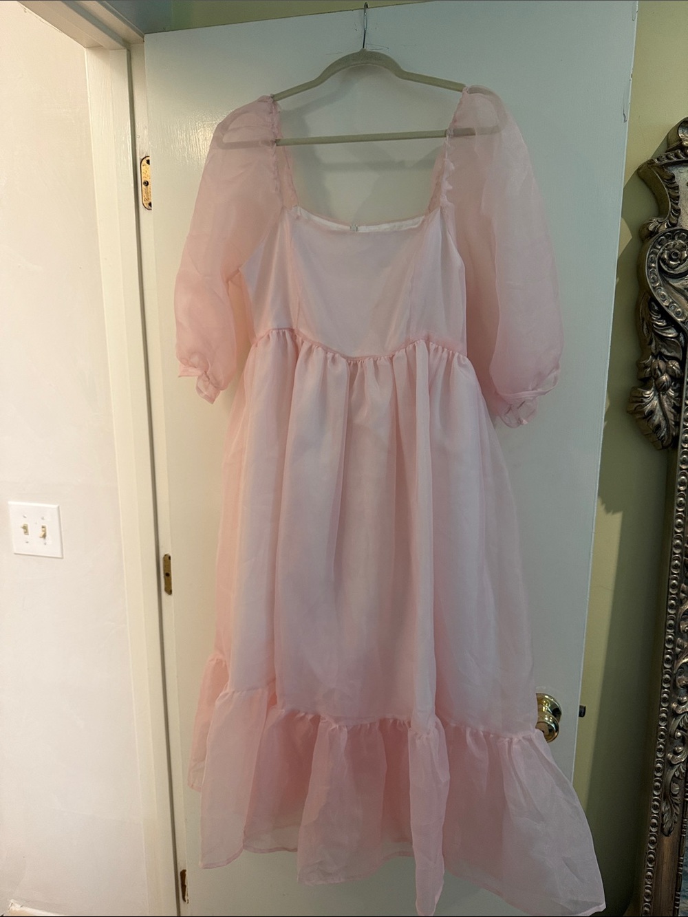 Sheer Puff Sleeve Pink Midi Dress